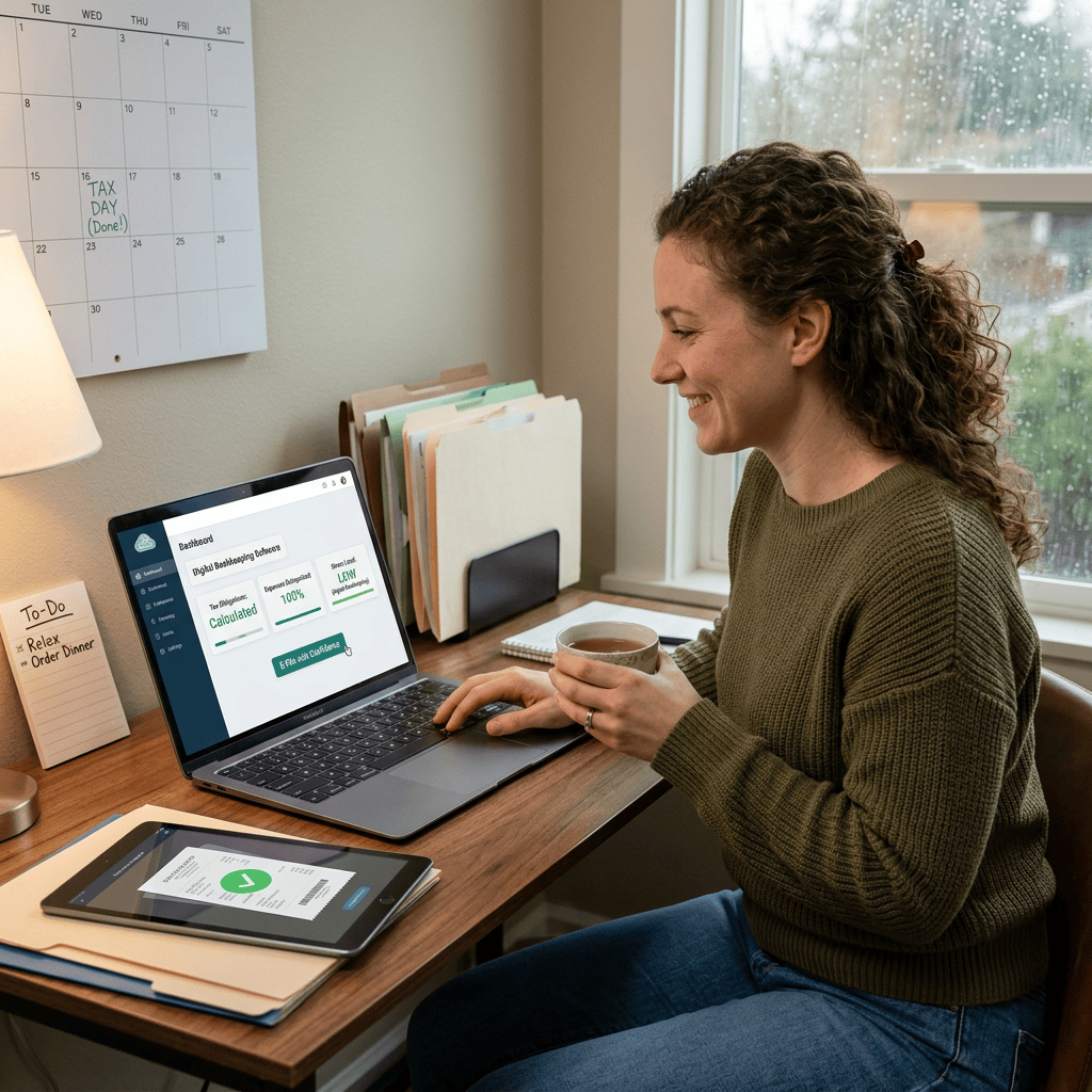 Woman using bookkeeping dashboard labeled Tax Day Done with folders, tablet, and coffee