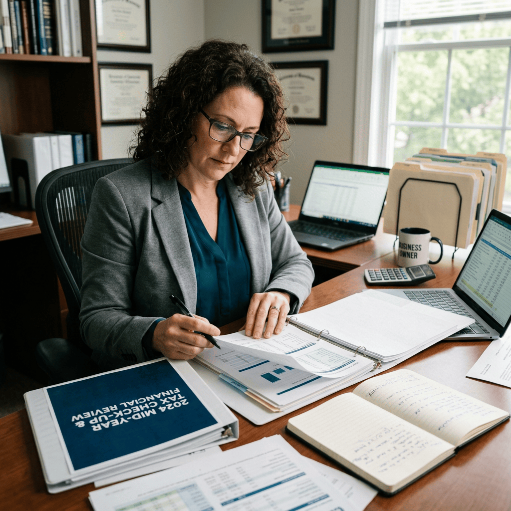 Business owner reviewing financial documents beside laptop, calculator, and BUSINESS OWNER mug