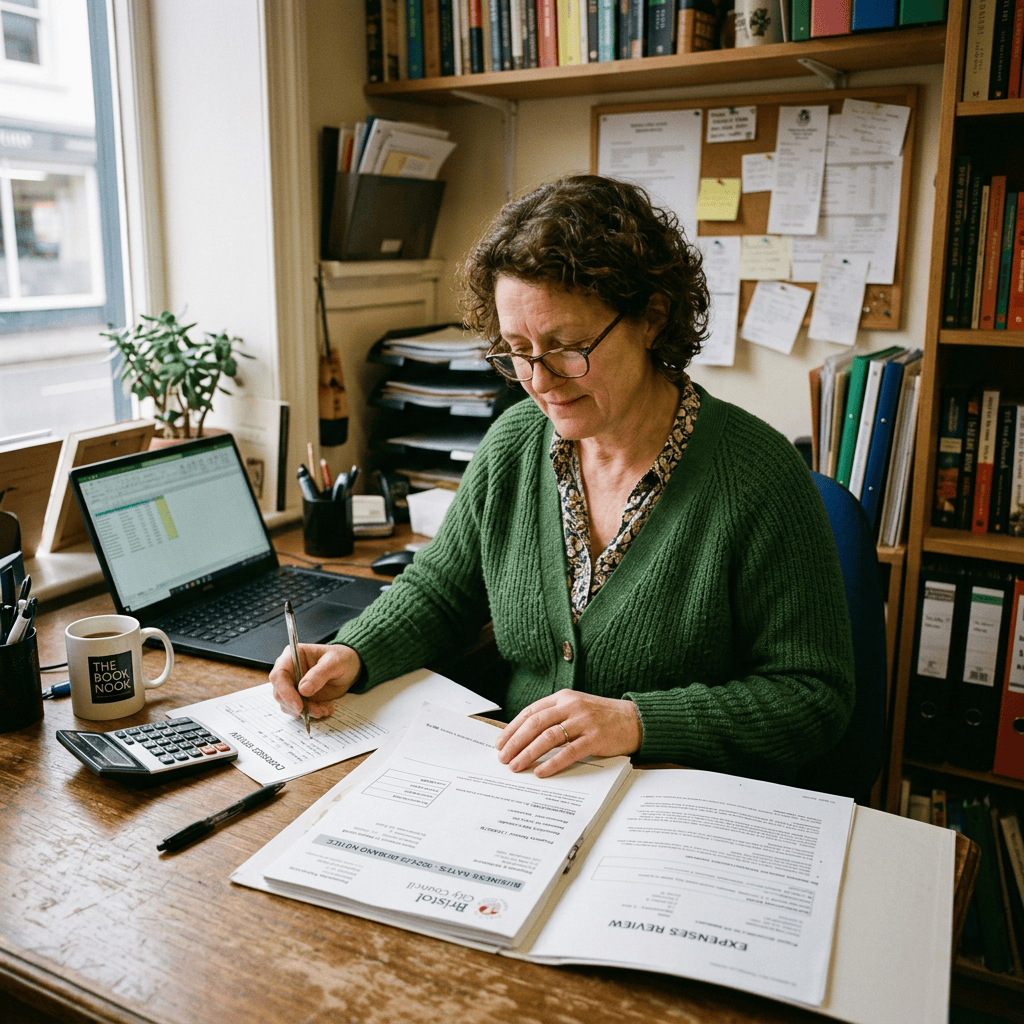 Woman writing on paperwork beside a laptop in a home office