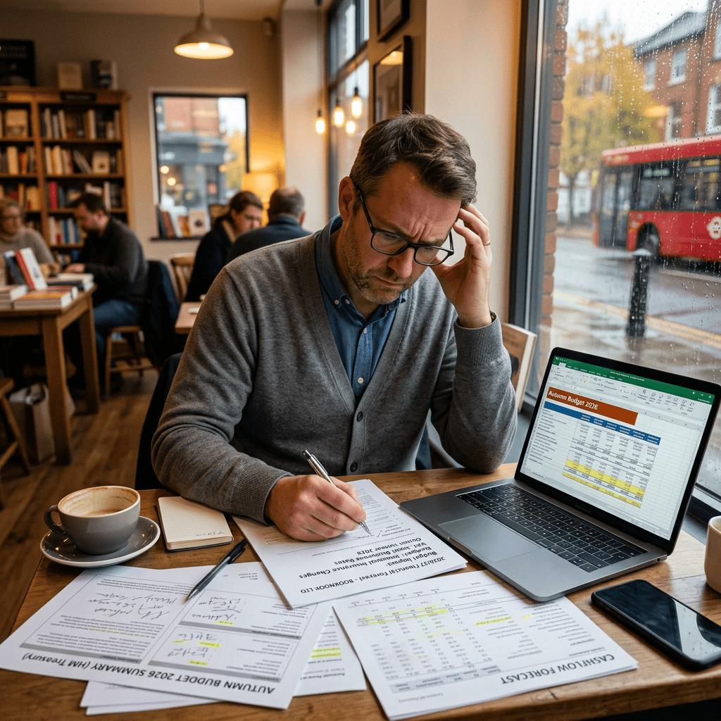 Professional reviewing budget papers beside laptop in a café