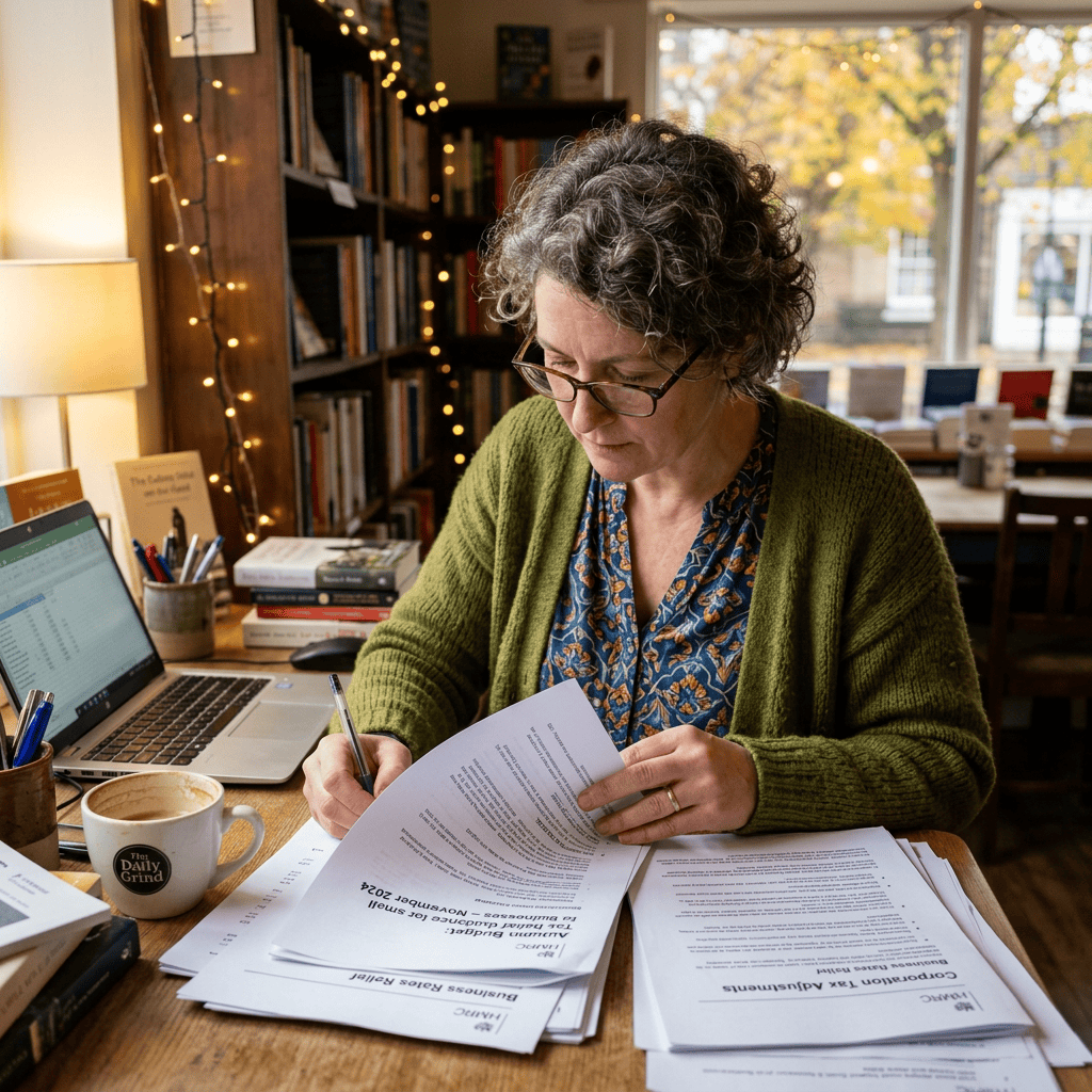 Woman reviewing documents at a desk beside a laptop and coffee