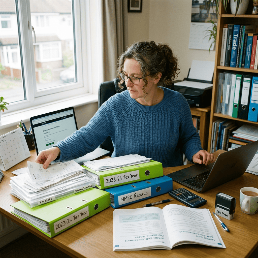 Sole trader sorting receipts beside 2023-24 Tax Year and HMRC Records folders
