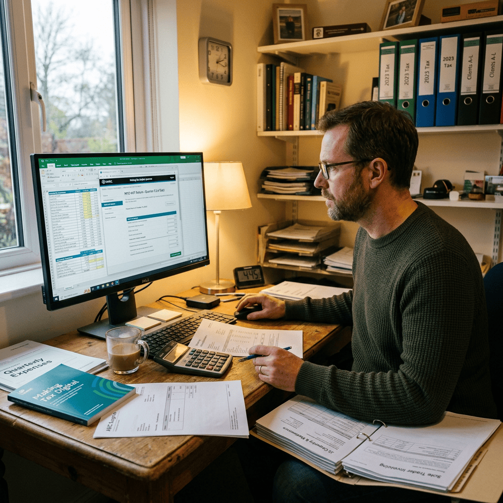 Man reviewing tax documents beside a computer in a home office