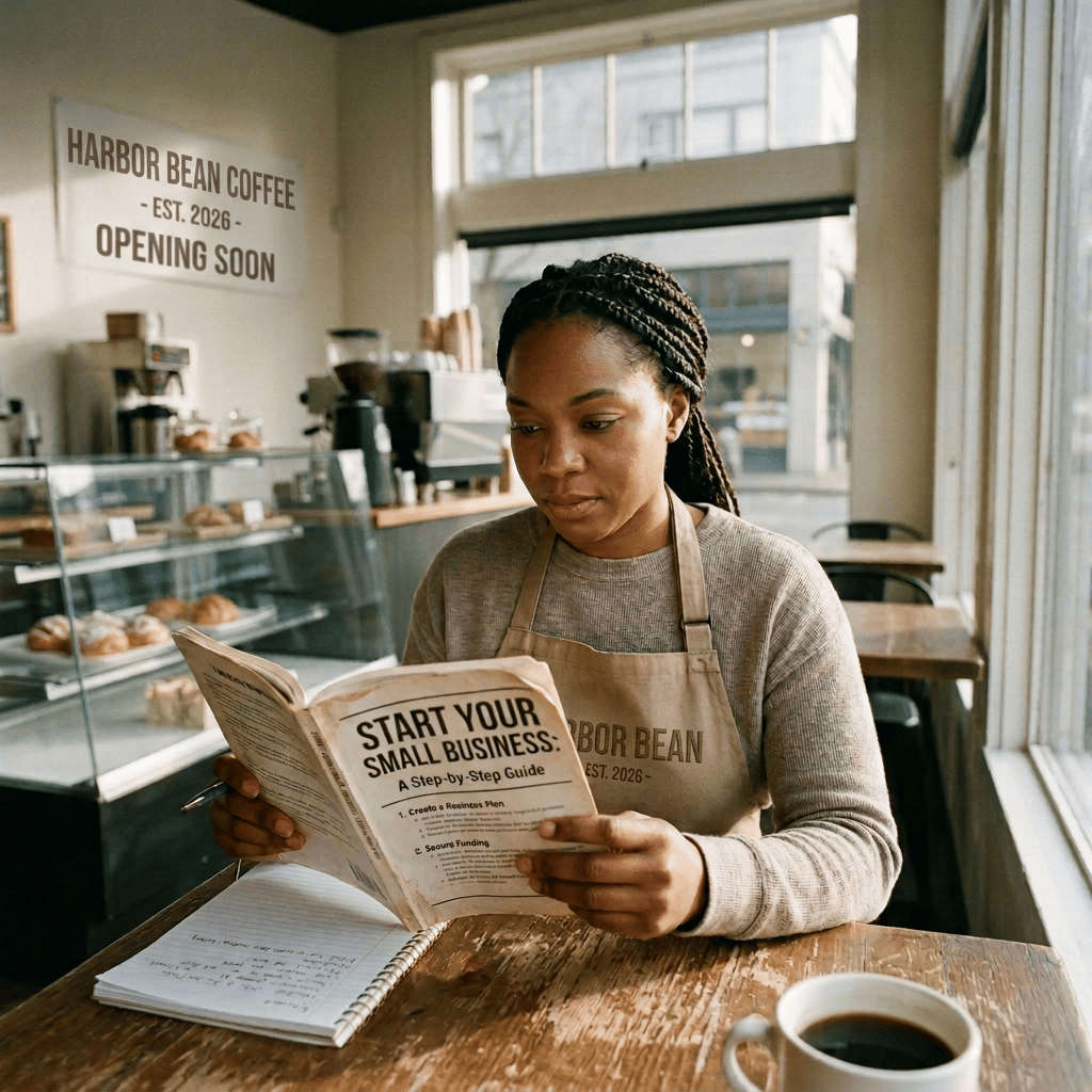 Woman reading “Start Your Small Business” at Luna’s Daily Grind café, opening soon